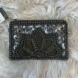NWT Ten Thousand Villages “Dark Sun” Beaded Satin Dark Green Lotus Coin Purse 🦚🪷